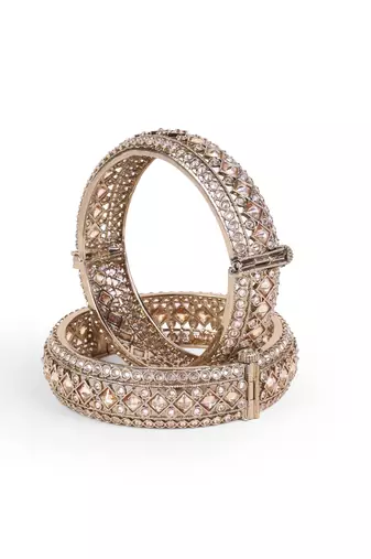 Incredible rectangle crystal antique gold plated set of 2 openable bangles for women and girls