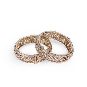 Incredible rectangle crystal antique gold plated set of 2 openable bangles for women and girls 3
