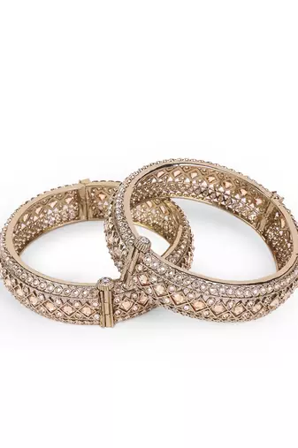 Incredible rectangle crystal antique gold plated set of 2 openable bangles for women and girls