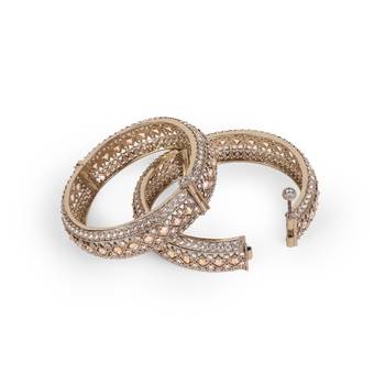 Incredible rectangle crystal antique gold plated set of 2 openable bangles for women and girls 4