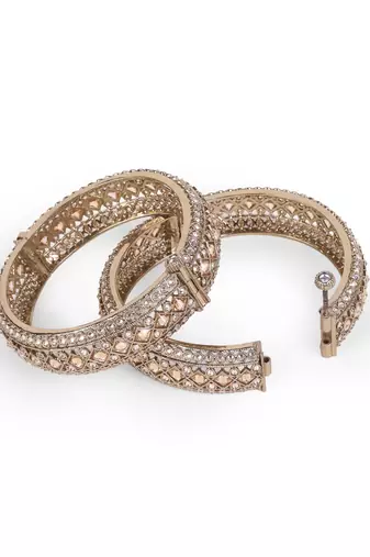 Incredible rectangle crystal antique gold plated set of 2 openable bangles for women and girls