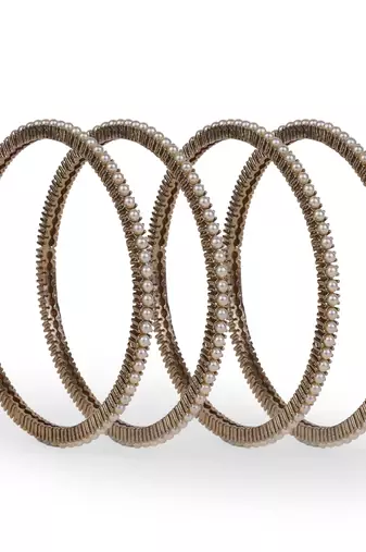 Classy pearl antique gold plated set of 4 bangles for women and girls