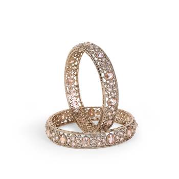 Lavish round shape crystal stone antique gold plated set of 2 bangles for women and girls 2