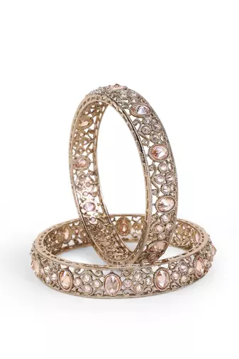 Lavish round shape crystal stone antique gold plated set of 2 bangles for women and girls
