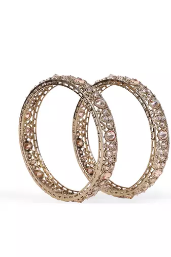 Lavish round shape crystal stone antique gold plated set of 2 bangles for women and girls
