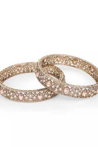 Lavish round shape crystal stone antique gold plated set of 2 bangles for women and girls