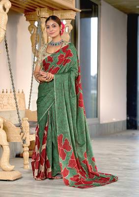 Green soft cotton block print saree with unstitched blouse piece 1