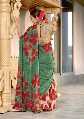 Green soft cotton block print saree with unstitched blouse piece 2