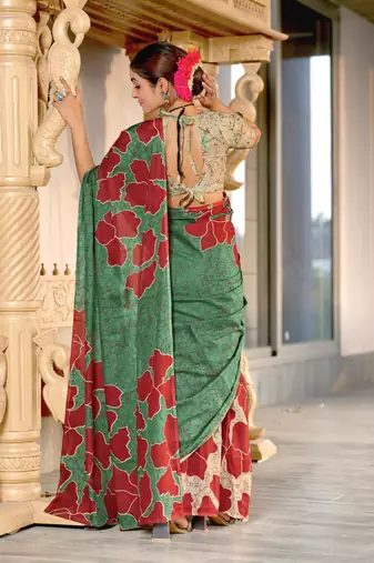 Green soft cotton block print saree with unstitched blouse piece