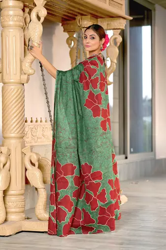 Green soft cotton block print saree with unstitched blouse piece
