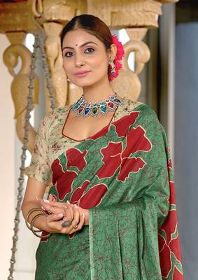 Green soft cotton block print saree with unstitched blouse piece 4