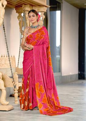 Pink soft cotton block print saree with unstitched blouse piece 1