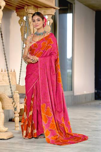 Pink soft cotton block print saree with unstitched blouse piece