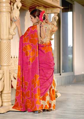 Pink soft cotton block print saree with unstitched blouse piece 2