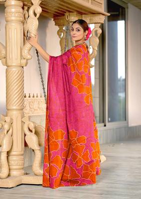 Pink soft cotton block print saree with unstitched blouse piece 3