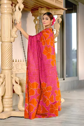 Pink soft cotton block print saree with unstitched blouse piece