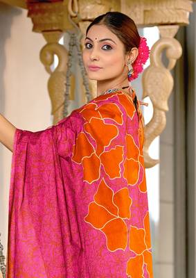 Pink soft cotton block print saree with unstitched blouse piece 4