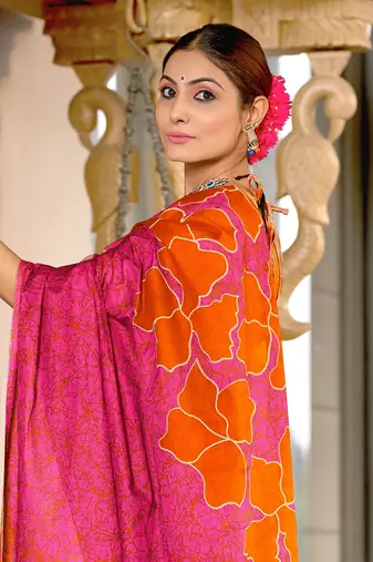 Pink soft cotton block print saree with unstitched blouse piece
