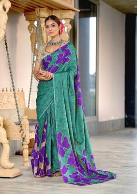Teal soft cotton block print saree with unstitched blouse piece 1