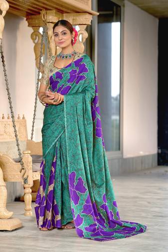 Teal soft cotton block print saree with unstitched blouse piece