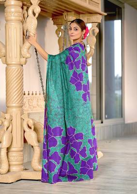Teal soft cotton block print saree with unstitched blouse piece 3