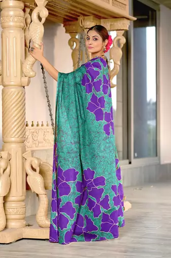 Teal soft cotton block print saree with unstitched blouse piece
