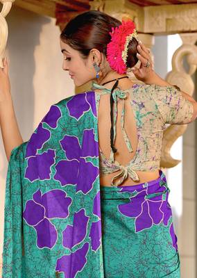 Teal soft cotton block print saree with unstitched blouse piece 4