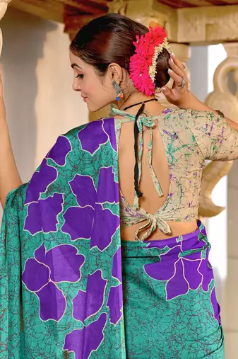 Teal soft cotton block print saree with unstitched blouse piece