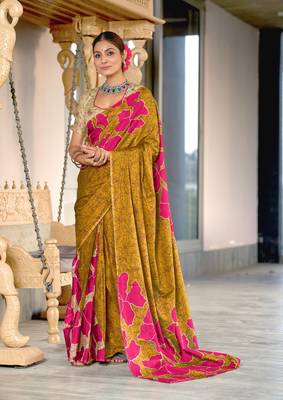 mustard soft cotton block print saree with unstitched blouse piece 1