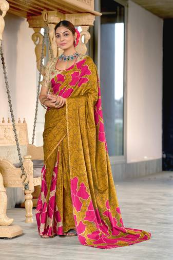 mustard soft cotton block print saree with unstitched blouse piece