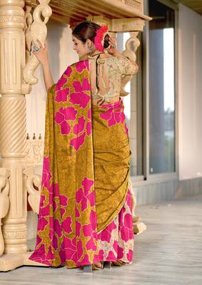 mustard soft cotton block print saree with unstitched blouse piece 2