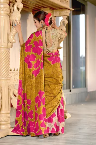 mustard soft cotton block print saree with unstitched blouse piece