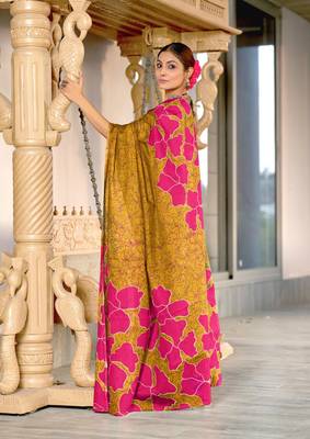 mustard soft cotton block print saree with unstitched blouse piece 3