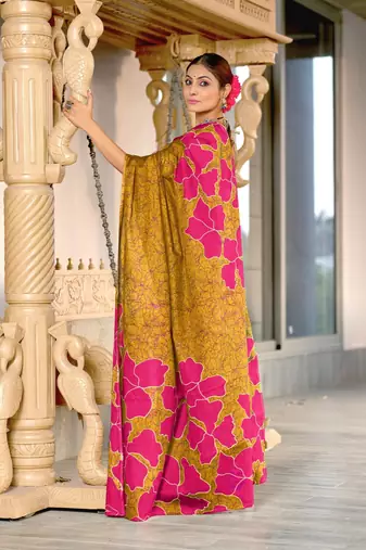 mustard soft cotton block print saree with unstitched blouse piece