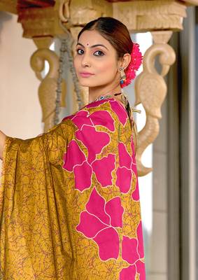 mustard soft cotton block print saree with unstitched blouse piece 4