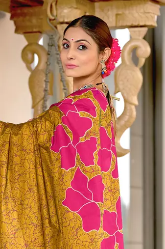 mustard soft cotton block print saree with unstitched blouse piece