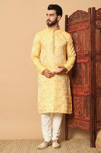 Yellow embroidered jaquard full sleeve kurta pajama for men