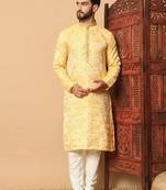 Yellow embroidered jaquard full sleeve kurta pajama for men
