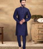 Blue plain chanderi silk full sleeve kurta pajama for men
