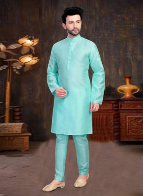 Sky blue plain chanderi silk full sleeve kurta pajama for men 1
