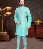 Sky blue plain chanderi silk full sleeve kurta pajama for men