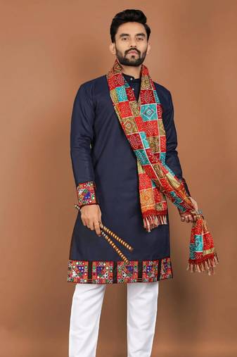 Dark blue embroidered chanderi silk full sleeve kurta pajama for men