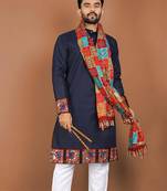 Dark blue embroidered chanderi silk full sleeve kurta pajama for men
