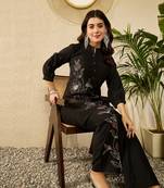 Women black silk blend solid embroidered coord sets