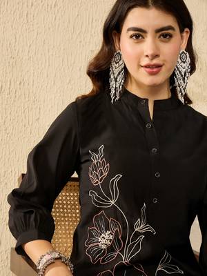 Women black silk blend solid embroidered coord sets 2