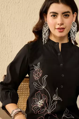Women black silk blend solid embroidered coord sets