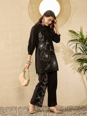 Women black silk blend solid embroidered coord sets 3