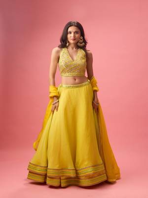 Yellow Organza Plain Lehenga With Embroidered Blouse 1
