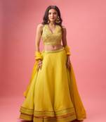 Yellow Organza Plain Lehenga With Embroidered Blouse