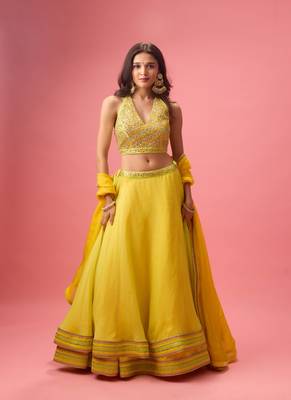 Yellow Organza Plain Lehenga With Embroidered Blouse 2